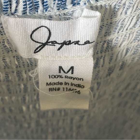 JAPNA WOMENS SMOCKED BODICE JUMPSUIT BLUE WHITE PINSTRIPES FLARE WIDE LEG SZ M - Picture 2 of 8